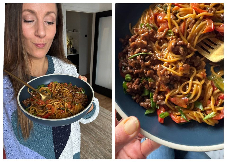 Lindsay with bowl of peanut noodles.