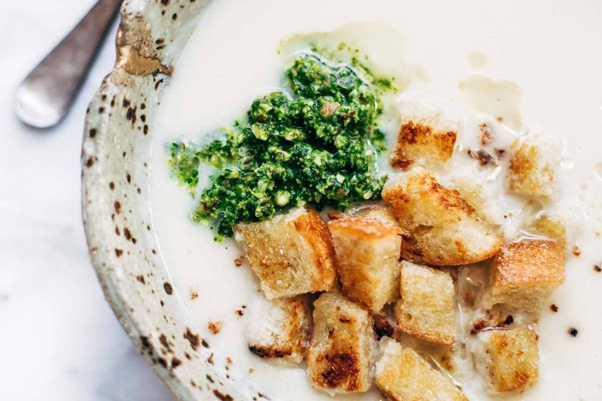 Cheesy Cauliflower Soup with croutons.