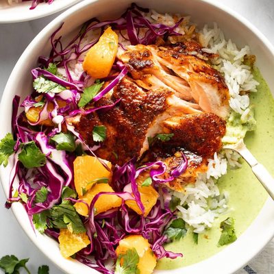 A picture of Chipotle Salmon with Orange Salsa and Aji Verde