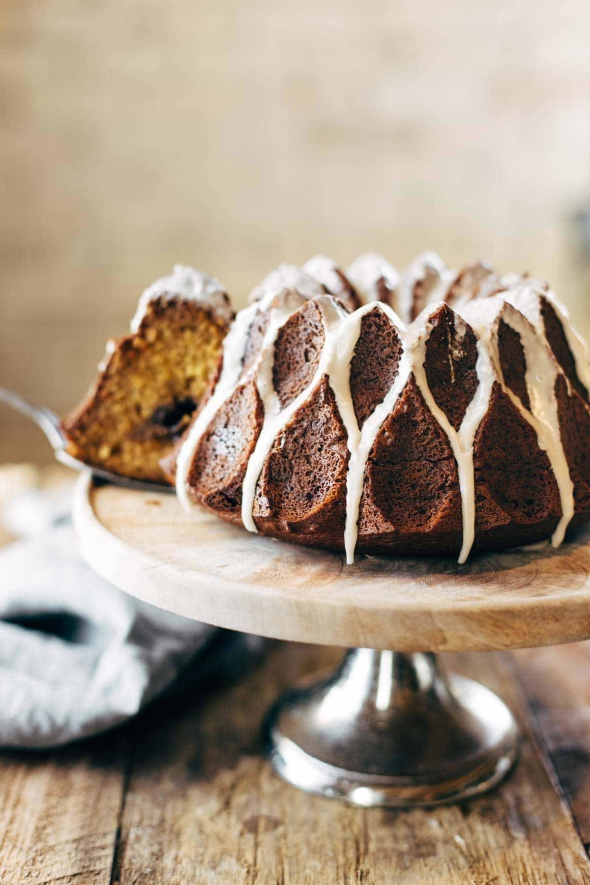 Pumpkin Cake on a cake stand.