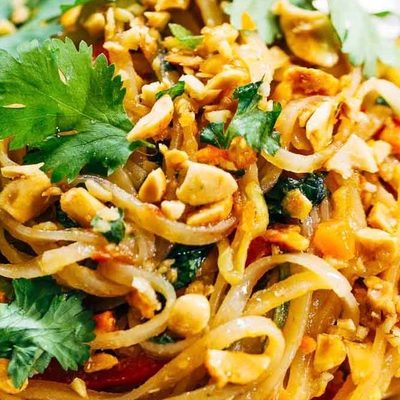 Rainbow Vegetarian Pad Thai on a plate with cilantro.