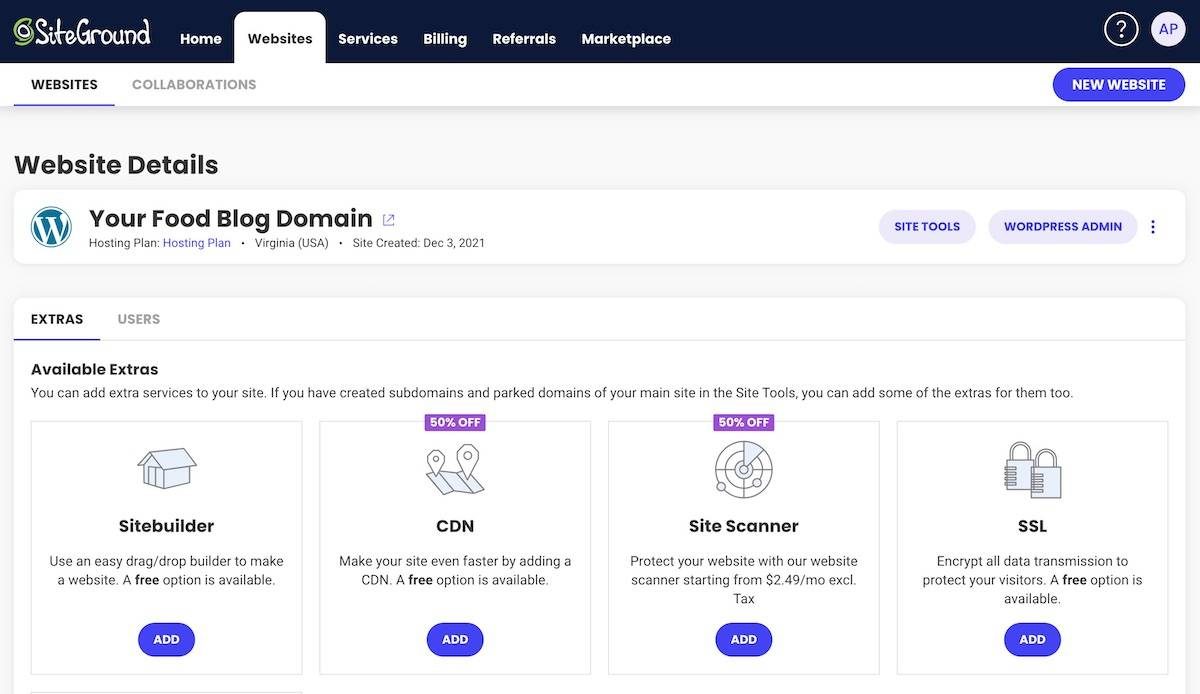 the SiteGround Websites tab